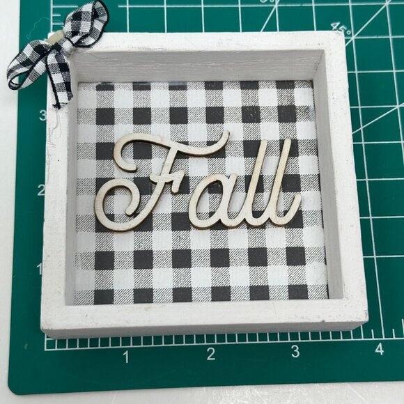 Mini Fall Buffalo Plaid Wood Sign Farmhouse Decor Black White Gingham Bow Autumn - Picture 7 of 8